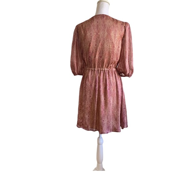 FRONT WRAP V NECK 3/4 SLEEVE WINE PATTERN DRESS - Picture 5 of 11